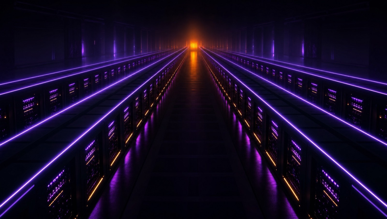 Rows of compute receding into darkness under violet light